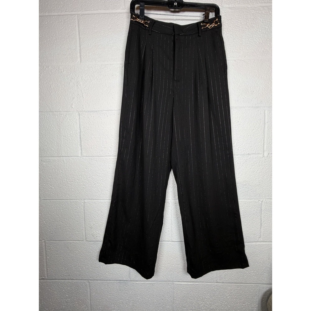 NWT MOTF Black Pinstripe Wide Leg Pleated Trousers Women Medium Dress Pant